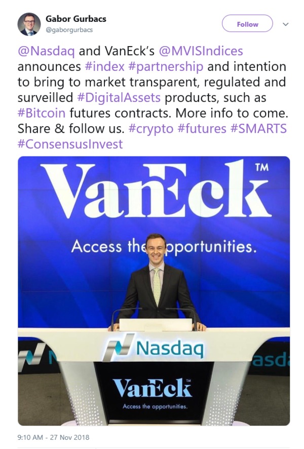 Twitter post @Nasdaq and VanEck's partnership announcement.